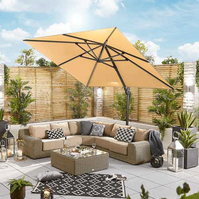 Galaxy 3.0m x 3.0m Square LED Aluminium Cantilever Parasol, with Stone Fillable Base, beige